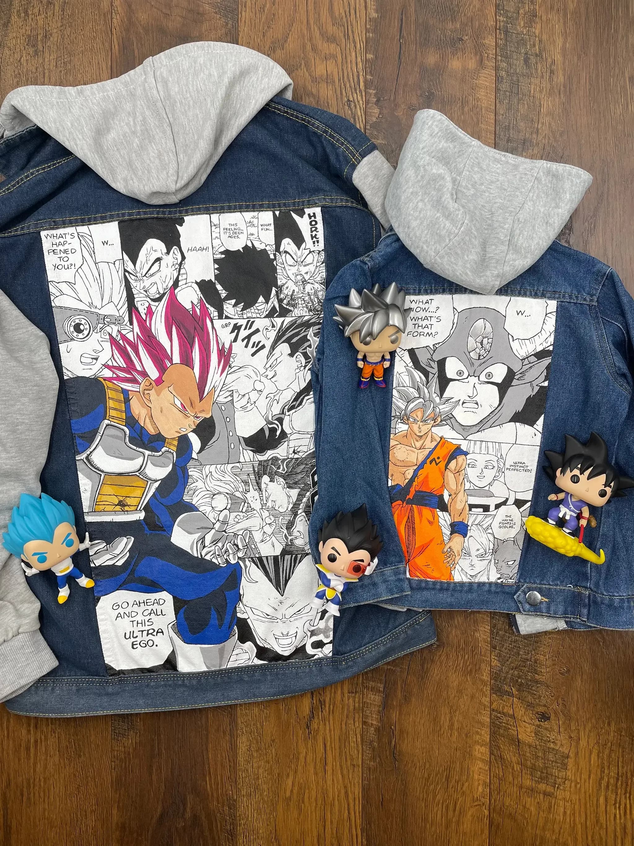 Custom Painted Denim Jackets featuring Vegeta and Goku from Dragon Ball Super manga